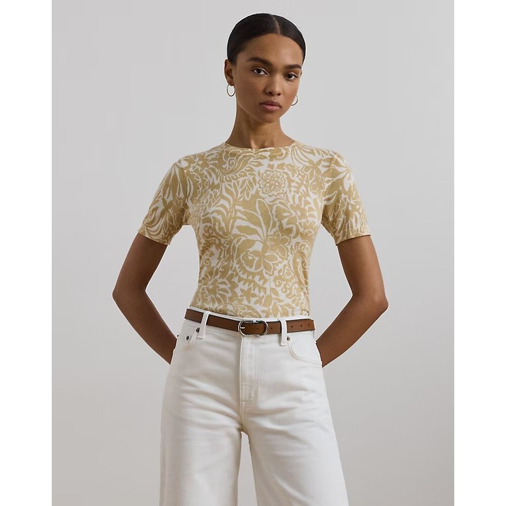 Lauren Ralph Lauren Women's Floral Cotton-Blend Short-Sleeve Sweater Cream M